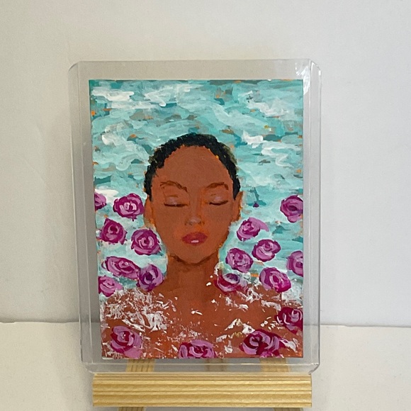 ACEO Original Art Card  Signed by Artis Serene Portrait with Pink Roses - Picture 6 of 8